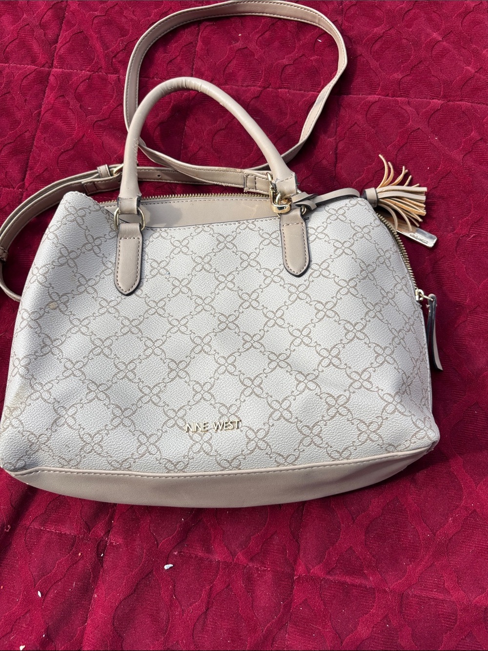 Nine West Cream Logo-Print Satchel with Tassel